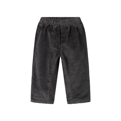 Black corduroy pants on a white background