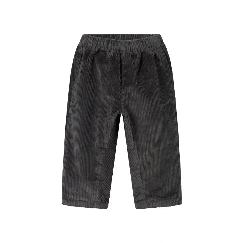 Black corduroy pants on a white background