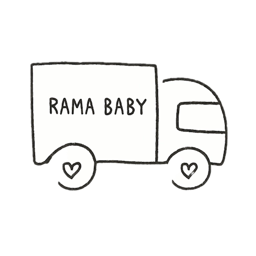 Simple black and white drawing of a baby stroller with 'RAMA BABY' text on a white background