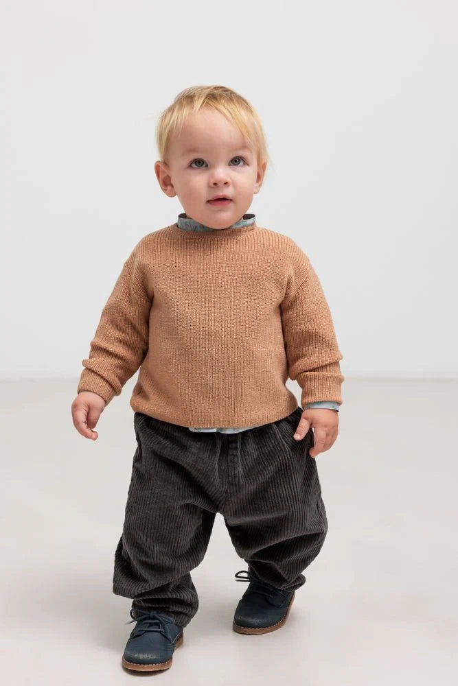 Child wearing a brown sweater and dark pants on a white background