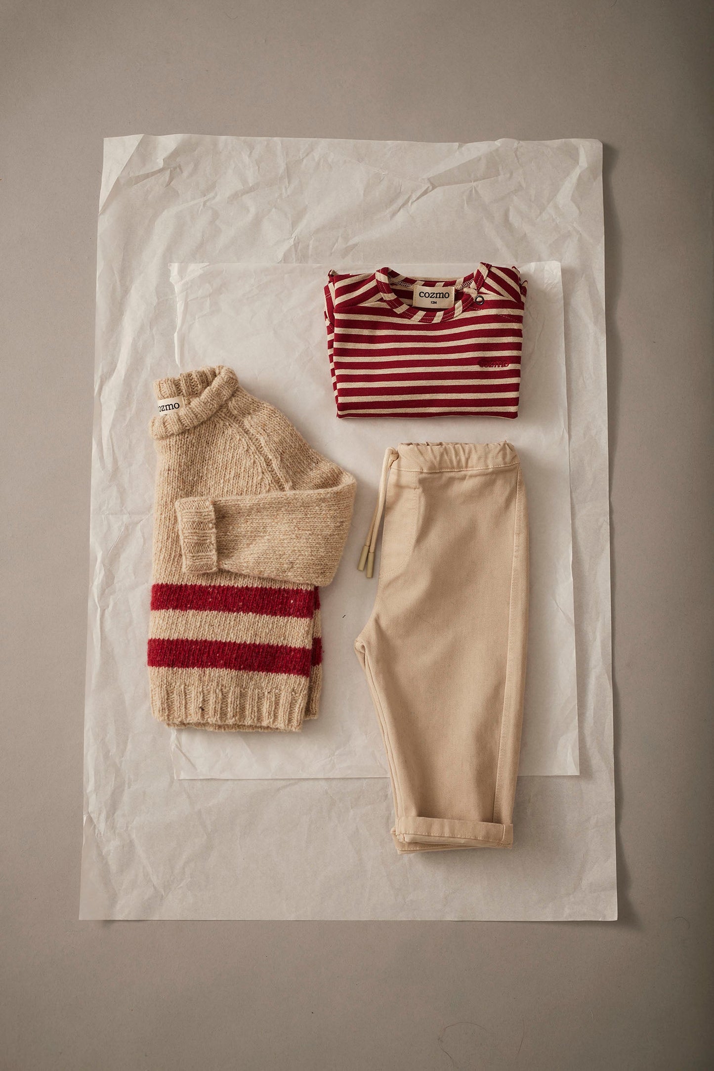 knitted wool tricot baby sweater - stone red stripes 'idaho' - cozmo - My Little Cozmo - 