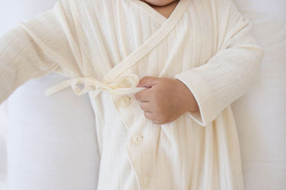 long sleeve footed pointelle onesie - cream "jeje" - Monbebe - 