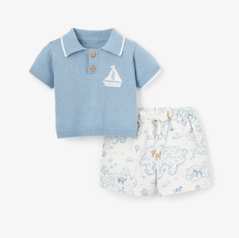 matching knit polo + print short set - nautical explorer - Elegant Baby - Matching Set